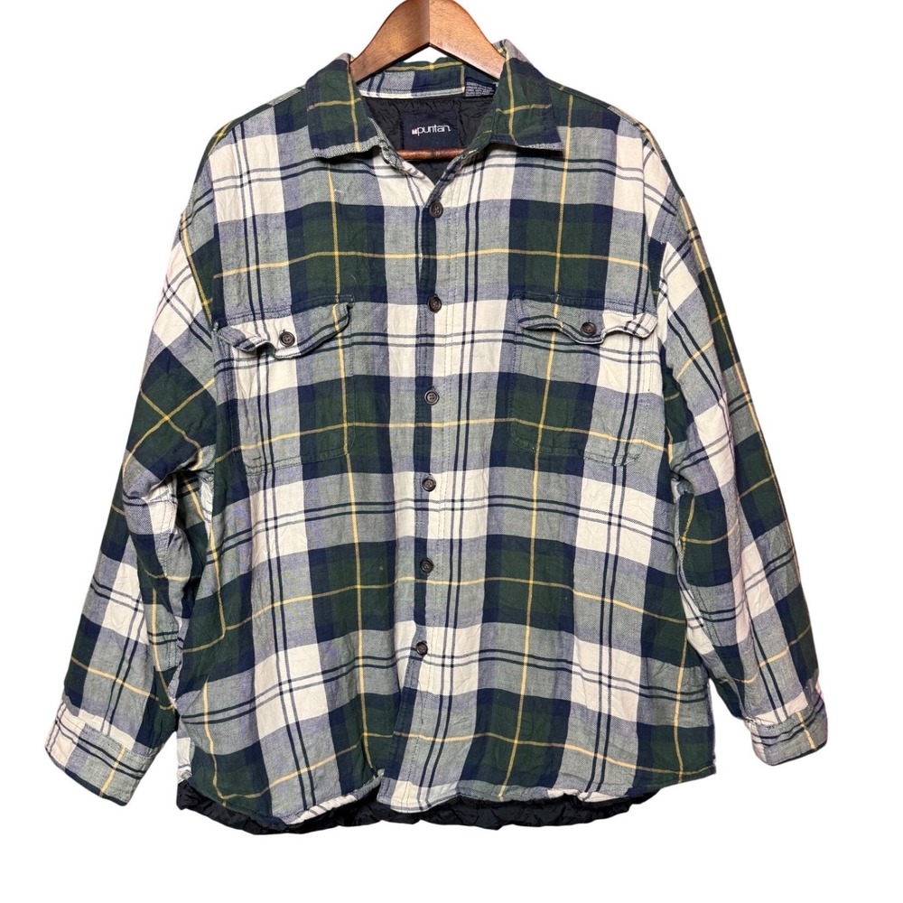 VTG Puritan Men XL Green‎ White Plaid Flannel Pocket Tee Shirt Jacket Gorpcore
